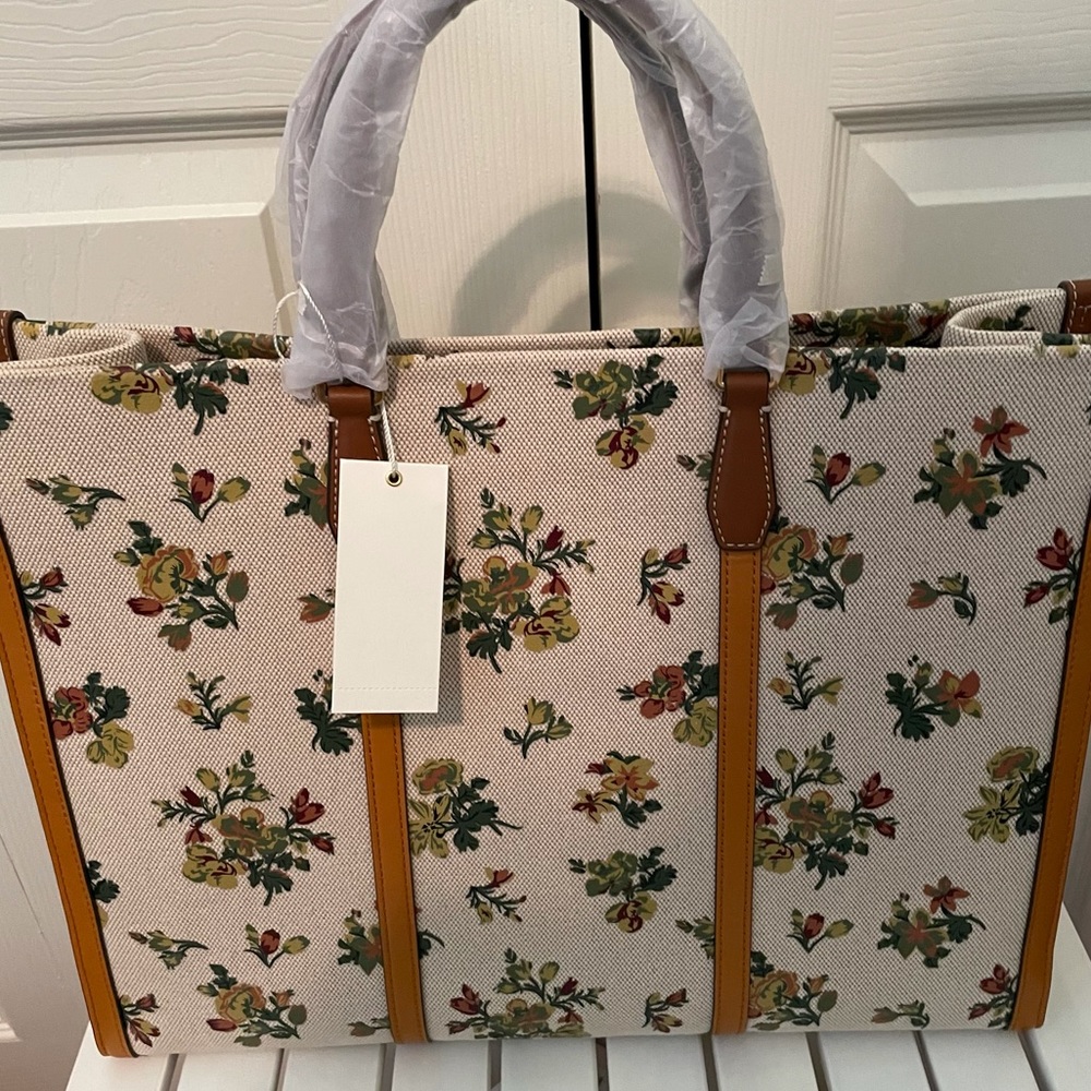 Tory Burch jumbo canvas tote shoulder bag natural rose floral yellow beige - Picture 5 of 14